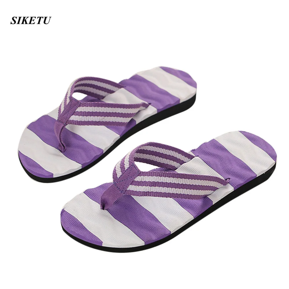 Purple Женские Модные Вьетнамки; летняя пляжная обувь в полоску; высококачественные мужские домашние тапочки для улицы; мужские мягкие пляжные вьетнамки из ЭВА; L* 5 - Цвет: Purple