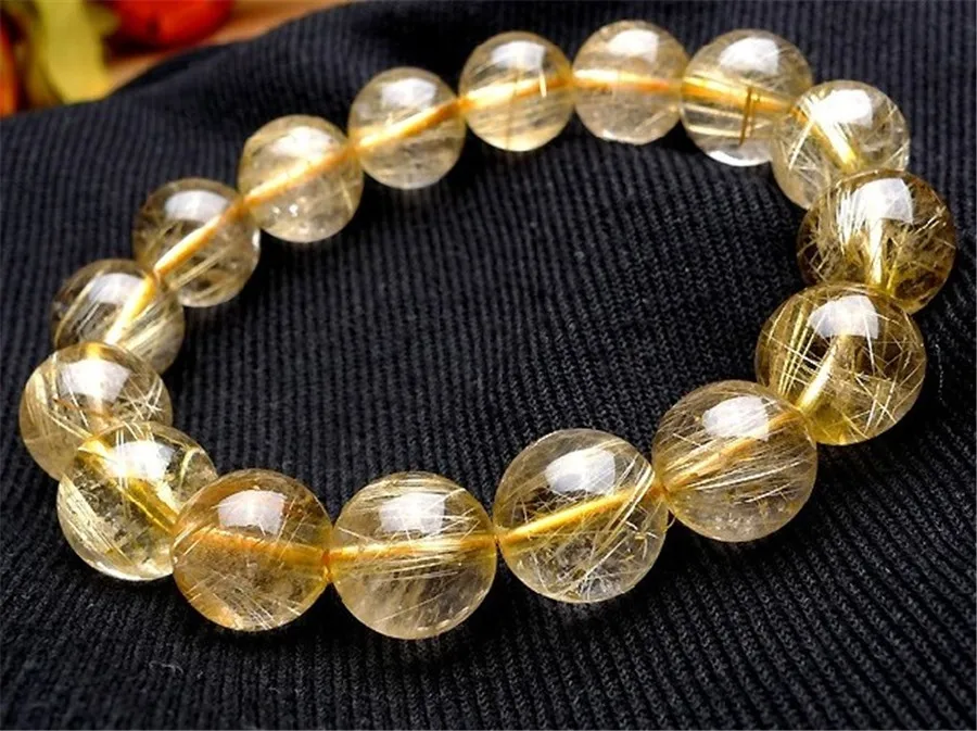 13.5mm Rond Beads Genuine Natural Gold Yellow Rutilated Quartz Bracelet Crystal Clear Round Bead Stretch From Brazil | Украшения и