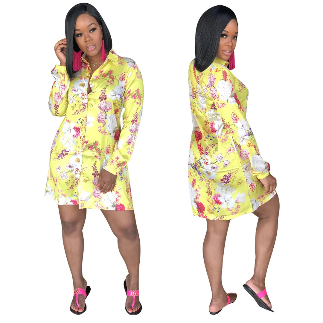 2019 африканская Женская Цветочная печать с длинным рукавом и пуговицами до колен