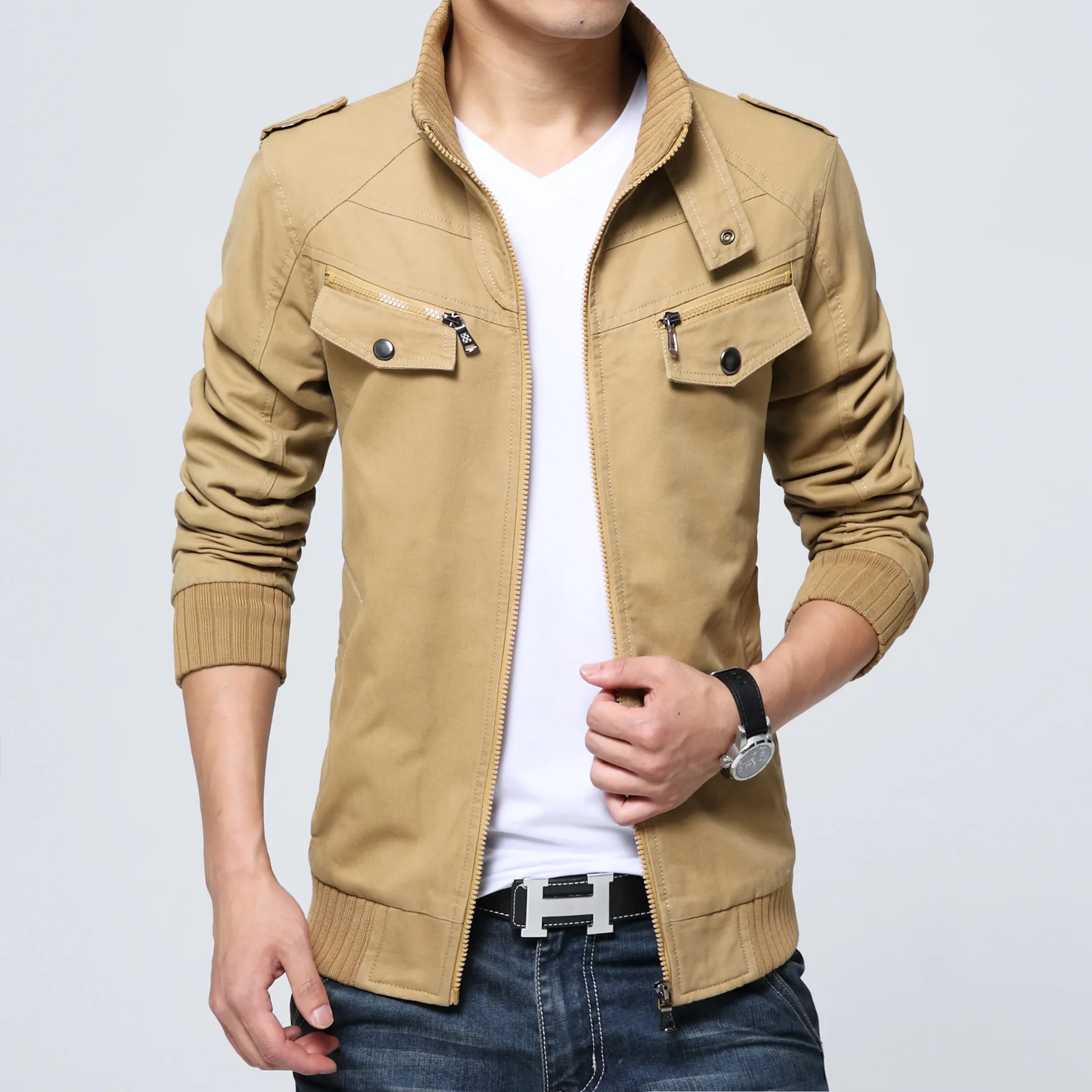 

2018 Spring And Autumn Regular Casual Mandarin Collar Zipper Pockets Jackets Casual Wear Khaki Green Color Pocket Slim Jacket