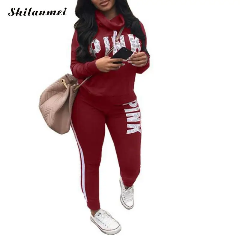 

Pink Letter Print Sweatsuit Women Two Piece Set 2018 Autumn Long Sleeve Hoodies Tops + Jogger Pants Set Tracksuits 2pcs Outfits