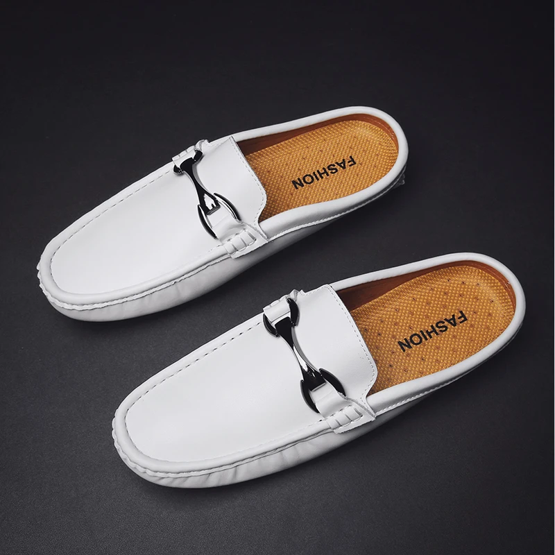 New Summer Men Flats Mules Slip on Genuine Leather Slides Shoes Man Soft Leather Casual Slipper