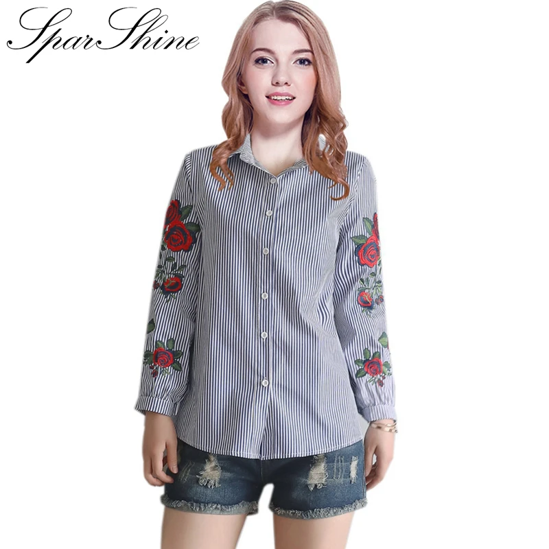 2019 Новый Blusas роза с вышитыми цветами в полоску Блузки Женская рубашка длинными
