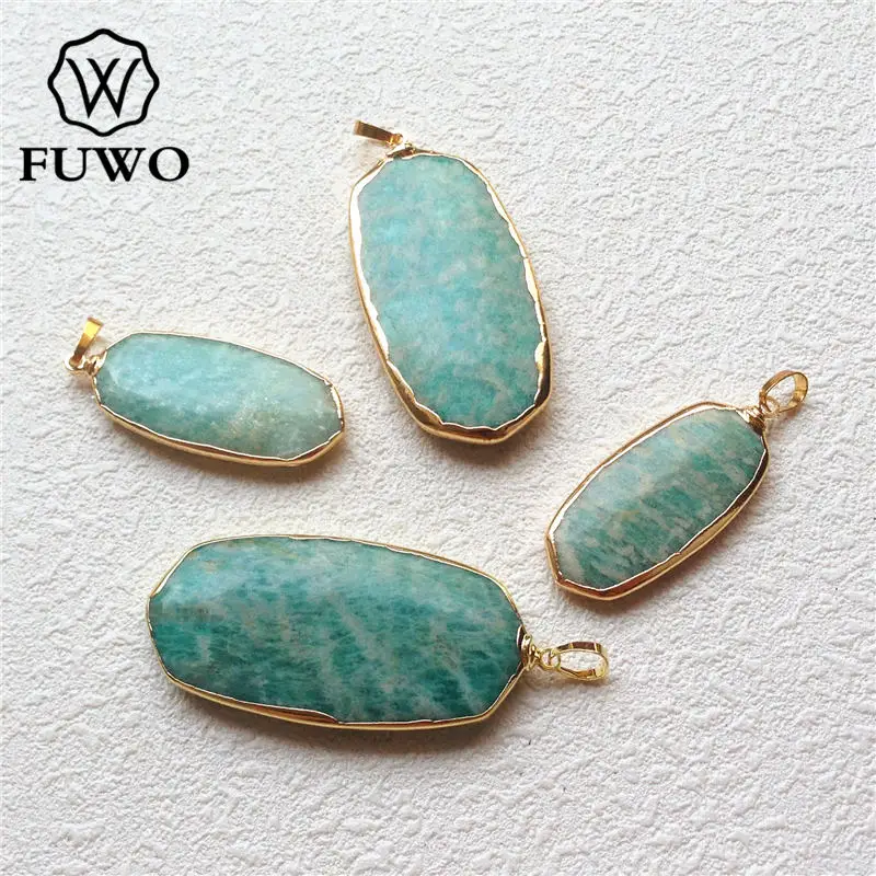 

FUWO Natural Teardrop Amazonite Stone Pendant With 24K Gold Electroplated Edge Fashion Green Gem Stone Faceted Pendant PD174