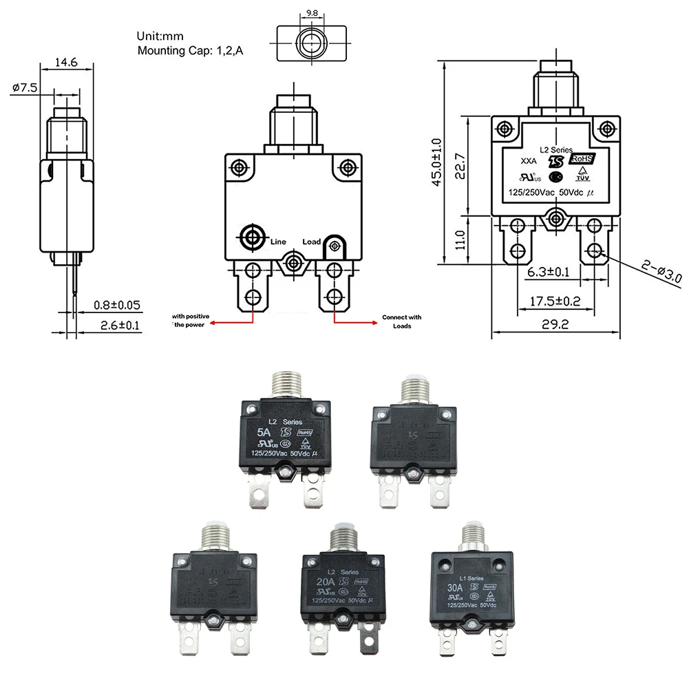 5A/10A/15A/20A/30AMP Panel Mount Push Button Moulded Case Resettable Electric Protection Circuit Breaker Thermal Air Switch |