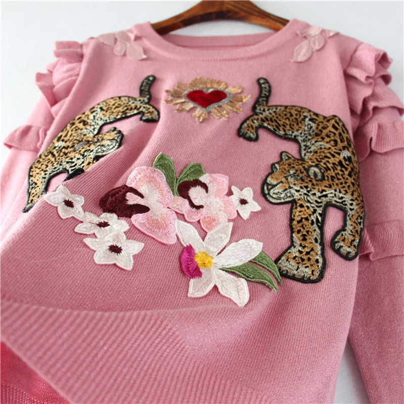 Luxury Embroidery Sweater 2019 Autumn Winter Women's Long Sleeve Flower Animal Heart Ruffles Knitted Pullovers And Sweaters | Женская