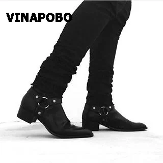 VINAPOBO/; черные мужские ботинки «Челси» из натуральной кожи на плоской подошве с ремешком и пряжкой и цепочкой; ботильоны с эластичными лентами; Роскошная Брендовая обувь