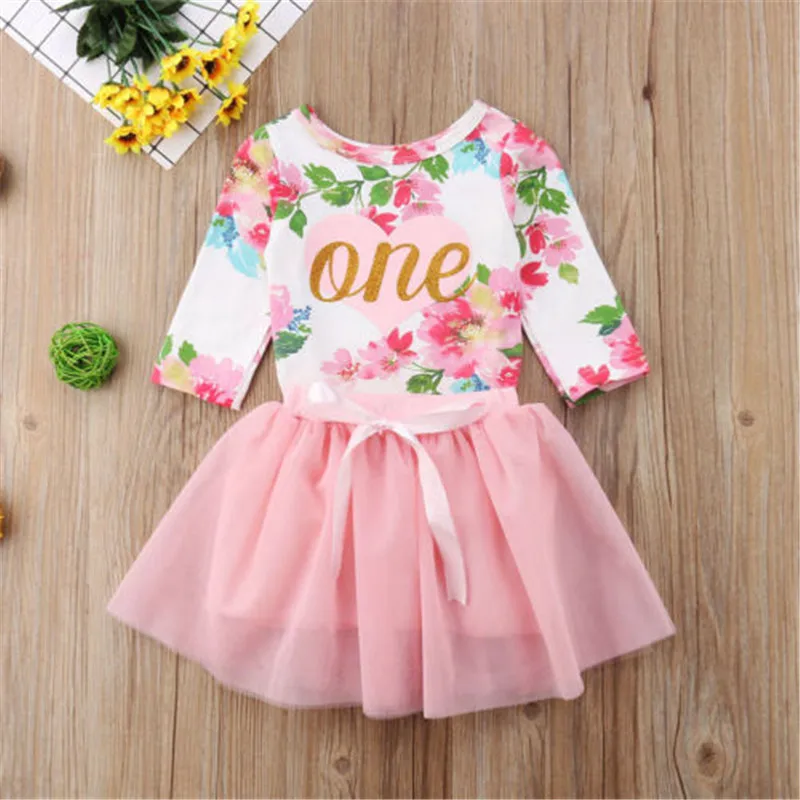 2018 Cute Pink Newborn Infant Kids Baby Girls Floral One Tops Long Sleeve Romper Tulle Tutu Dress Outfits Set 0-24M | Детская одежда и