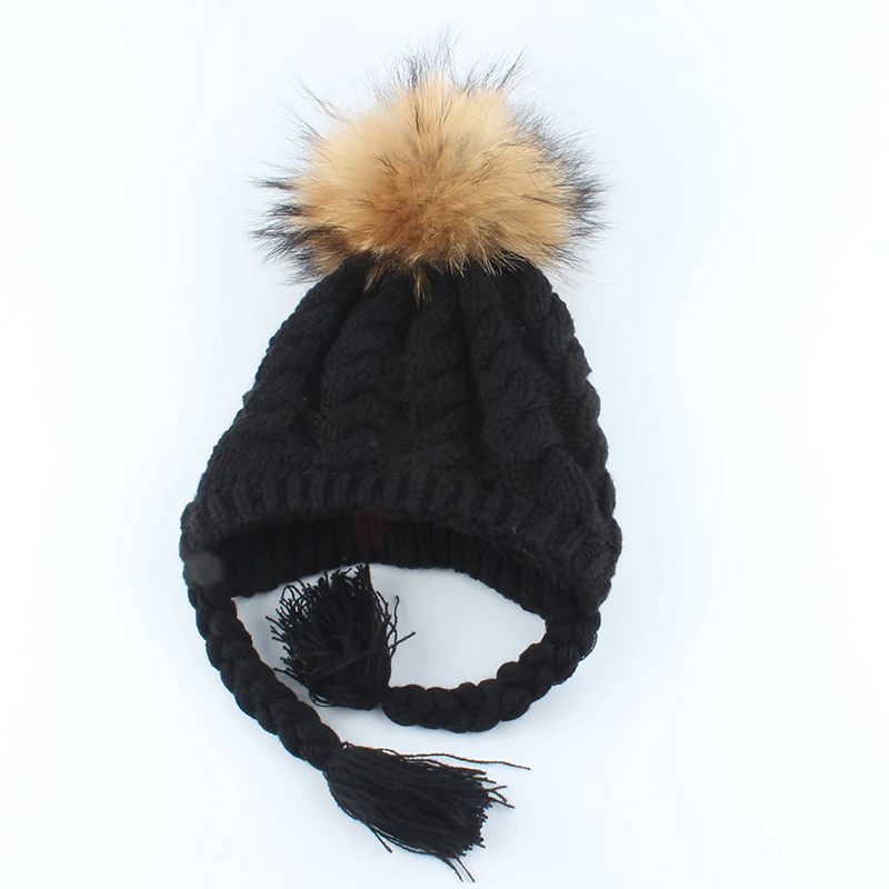 Детская зимняя шапка меховая с вязаным помпоном из натурального енота шапки для