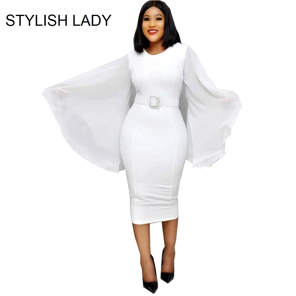

STYLISH LADY Big Flare Sleeve Chiffon Ruffle African Dress Women 2019 Summer Dashiki Midi Club Bodycon Dress with Diamonds Belt