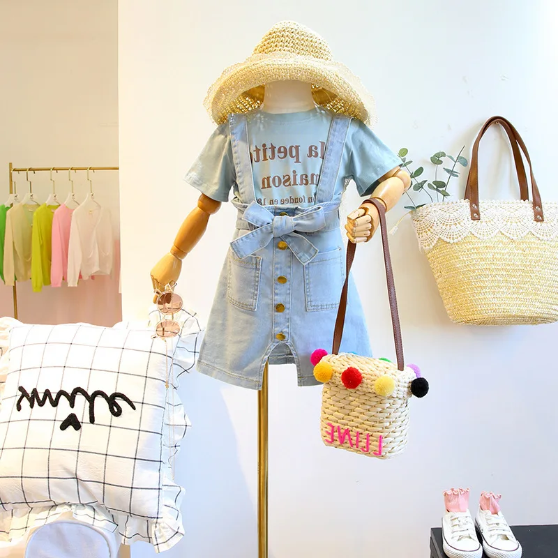

Baby Girls Clothing Set Kids Fashion Clothes Summer Short Sleeve Letter T-shirt+Jeans Strap Dress 2pcs Girls Outfits Baby Set