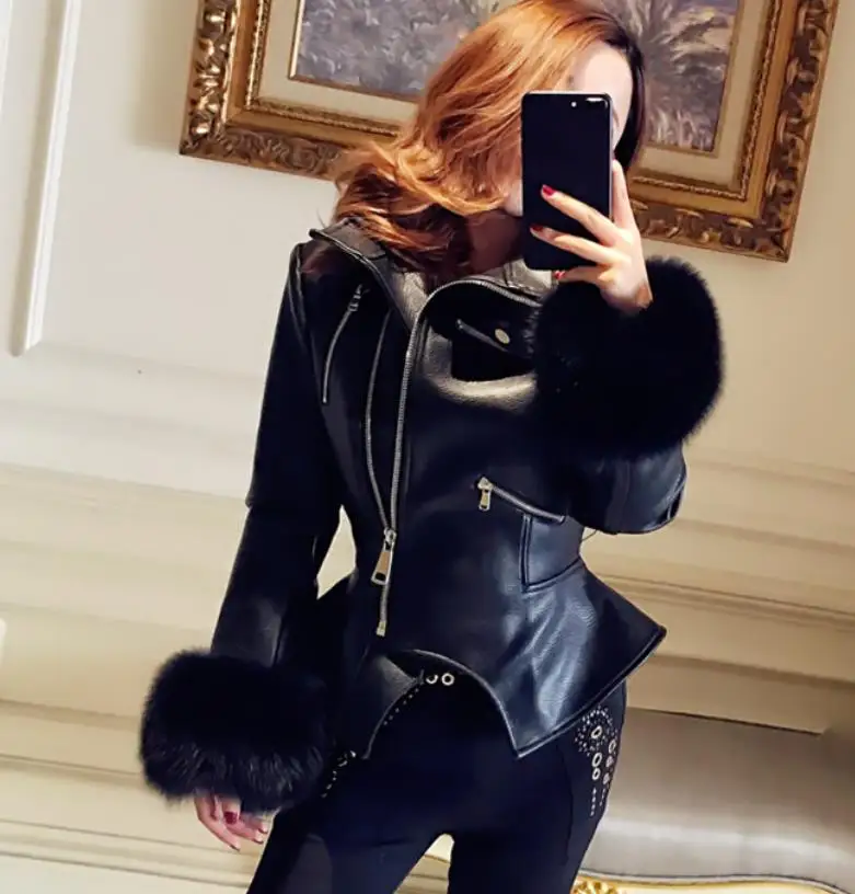 Женская зимняя куртка из искусственной кожи с черной подкладкой теплая верхняя