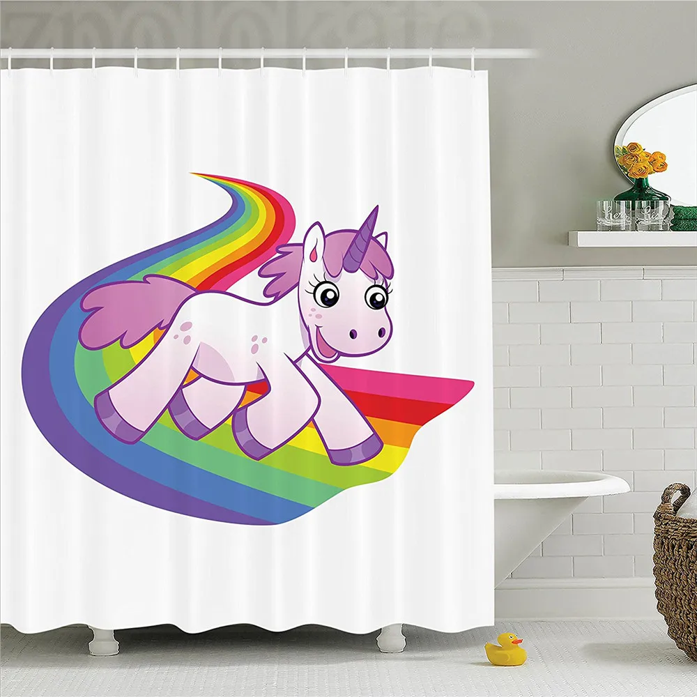 Мультфильм декора душ занавес Набор Baby Unicorn работает на радуги мифологический