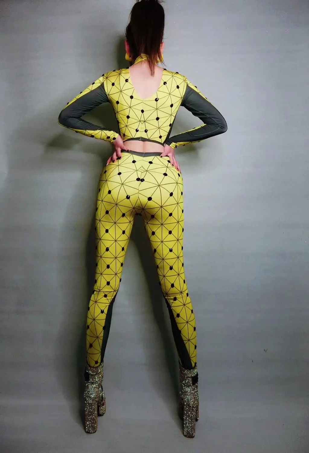 

Women Yellow Color Geometric Print Stretch Skinny Two-piece Suit Nightclub Performance Fashion Clothes Dancer Costumes Wear