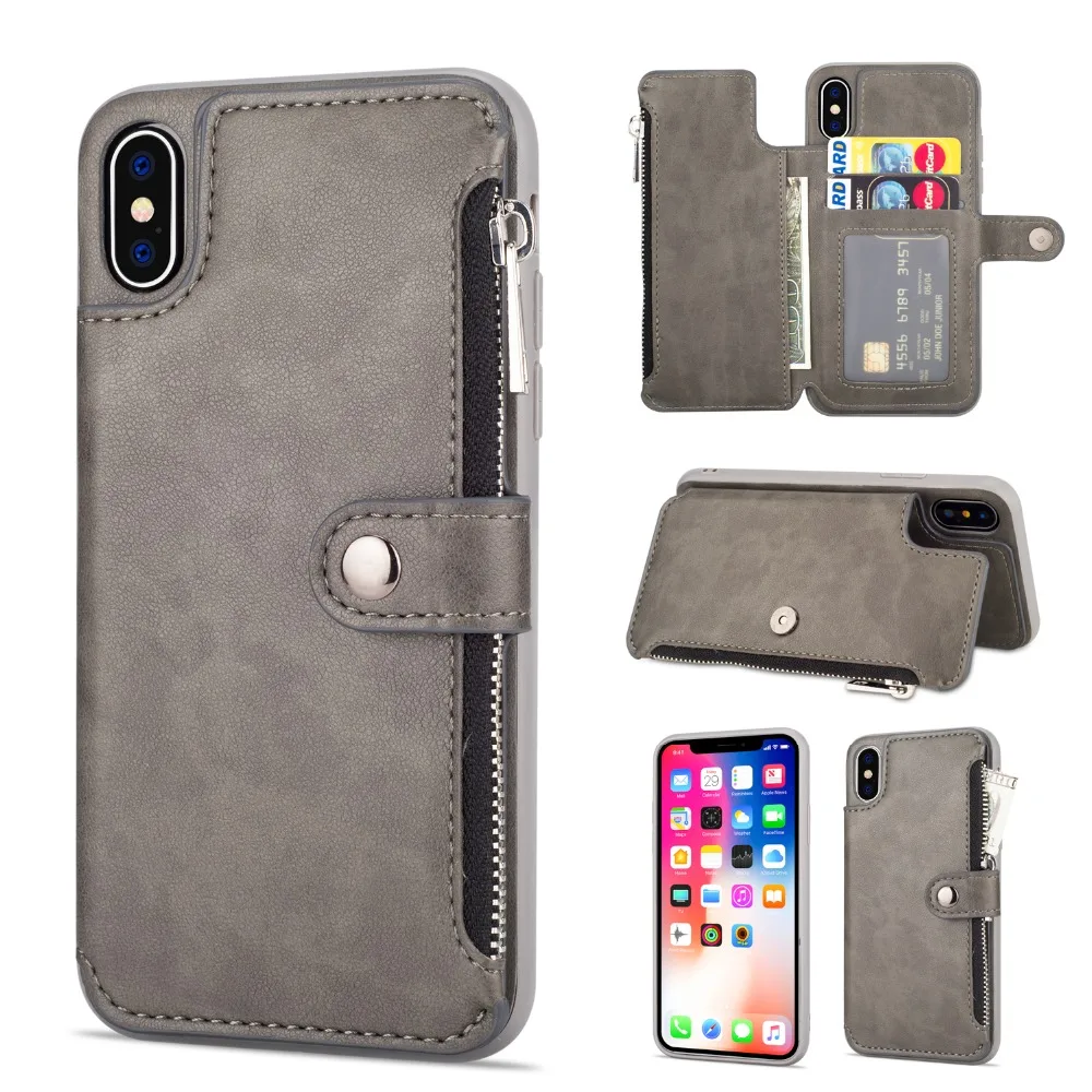 Ретро чехол на молнии s для iPhone 8, 7, 6 S, 6 Plus, чехол для iPhone X, XS, MAX, XR, много держателей карт, кожаный бумажник, чехол для телефона
