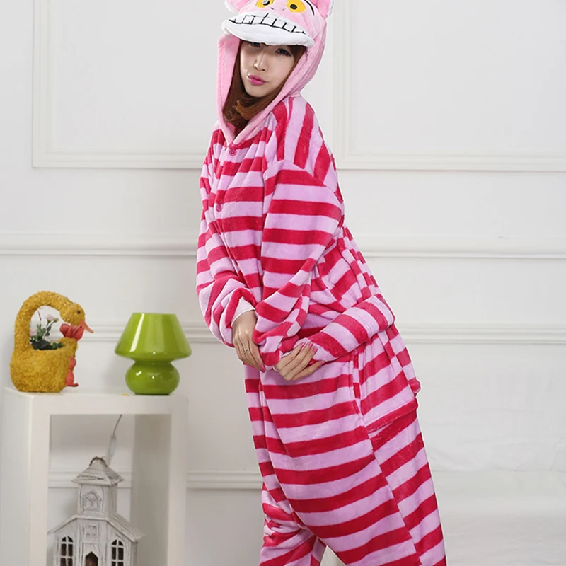 Adult Anime Kigurumi Onesies Cheshire Cosplay Cat Costume Women Animal Blue Stitch Stripe Onepieces Sleepwear Home Clothes Girl