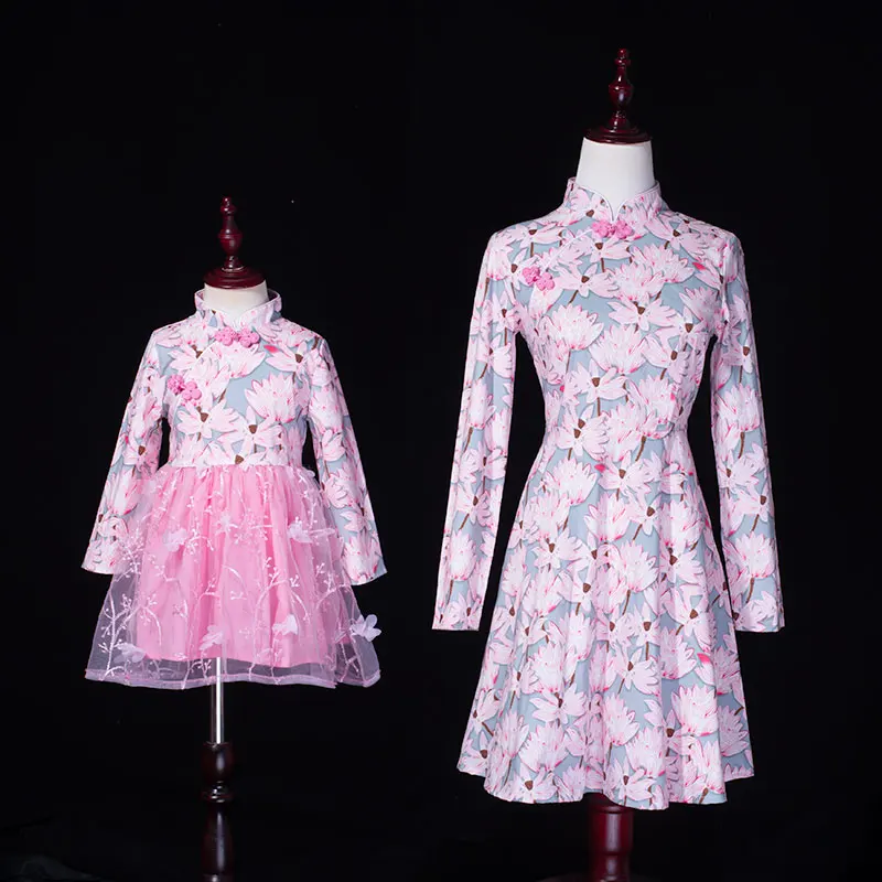 

Летнее платье для мамы и дочки, семейный вид, детские платья в китайском стиле, детские платья для мамы и девочек с голубым лотосом, улучшенн...