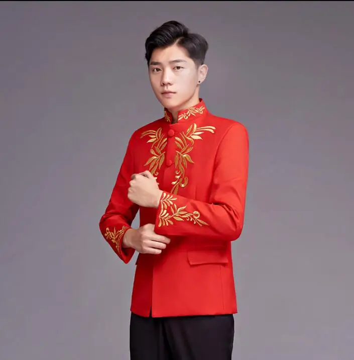 Chinese style 2020 new arrival slim stand collar men suit embroidery mens wedding suits formal dress men's groom suit red