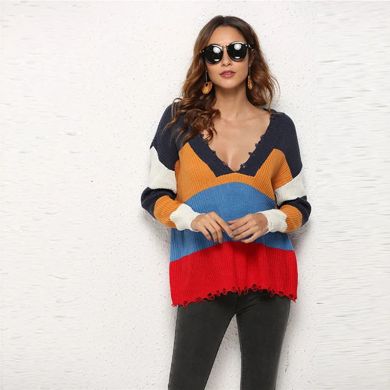 Фото Весенний женский v-образный вырез нерегулярный полый Вязанный свитер свободный с