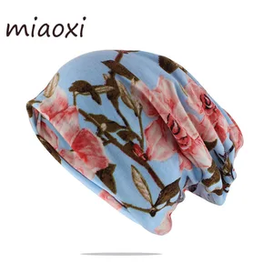 Модная женская хлопковая шапка, сезон весна-осень, теплые облегающие шапки, брендовые шапки двойного назначения, шарф, красивые цветные шапки с цветочным рисунком