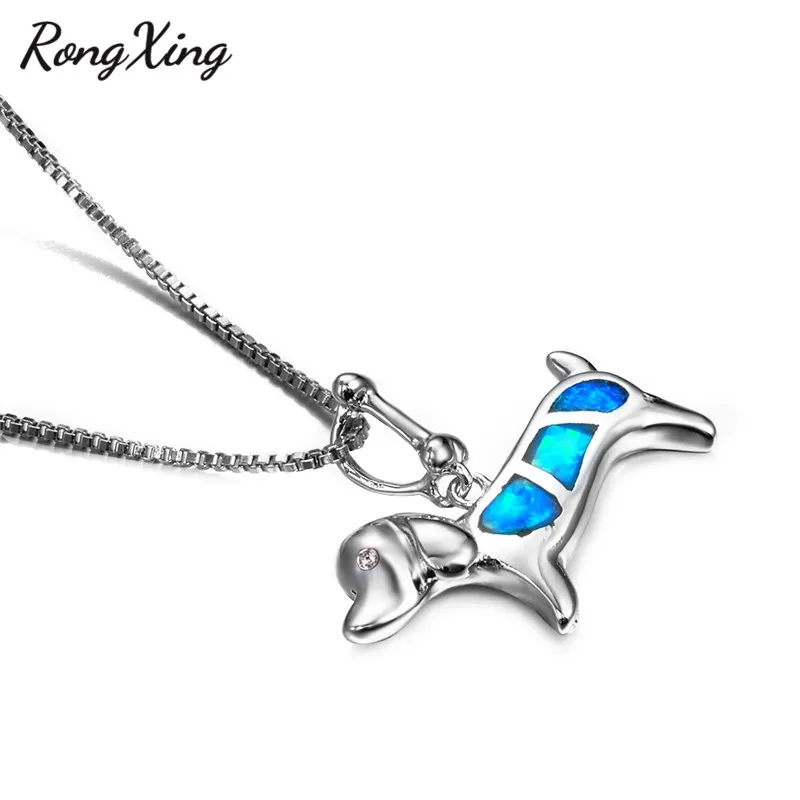 RongXing Серебро Цвет милая собака Синий огненный опал Подвески Ожерелья для женщин