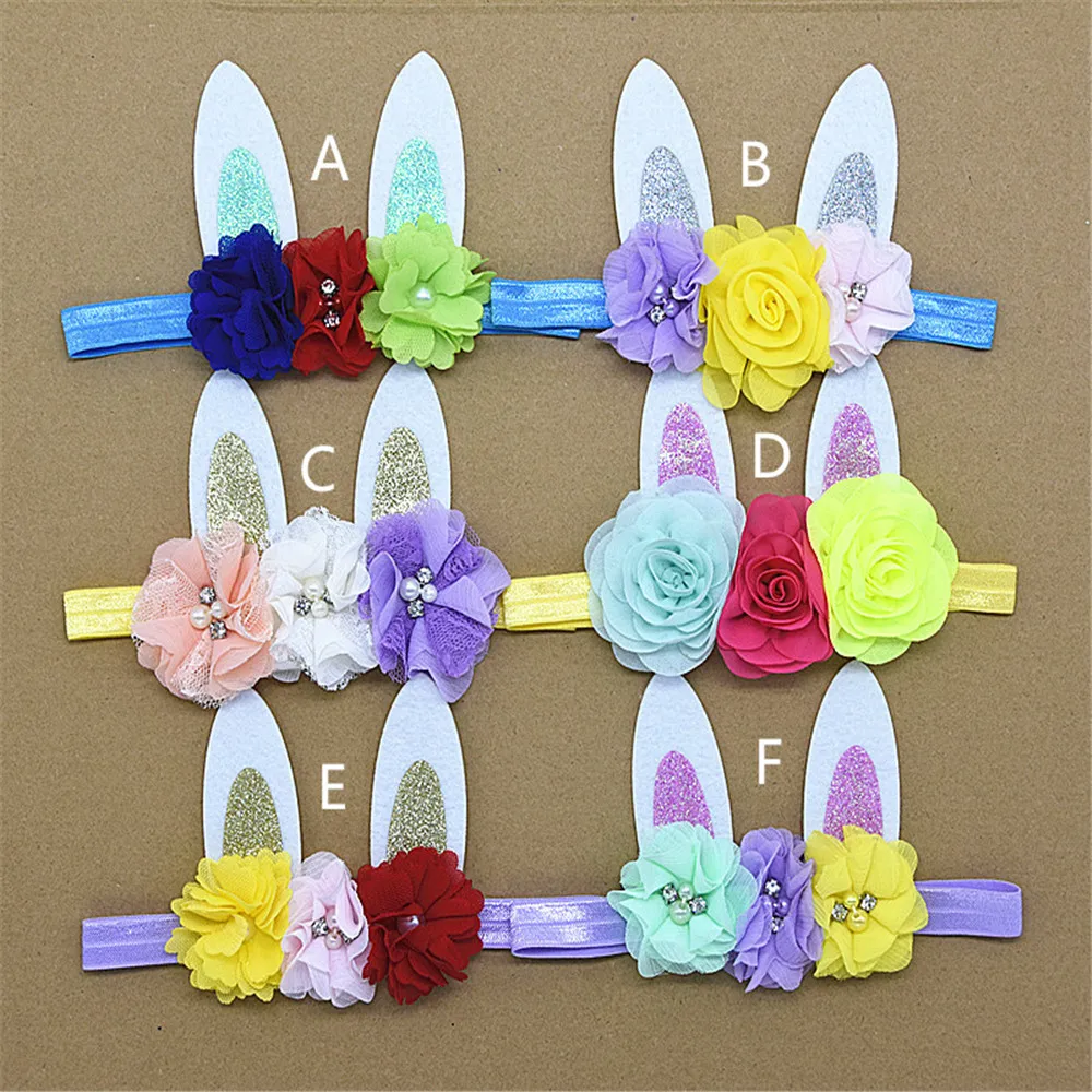 

2019 Easter Headbands 12pcs/lot Infantile Girls Bunny Ears Headband Kids Mini Shabby Flowers Elastic Hair Bands Hair Accessories