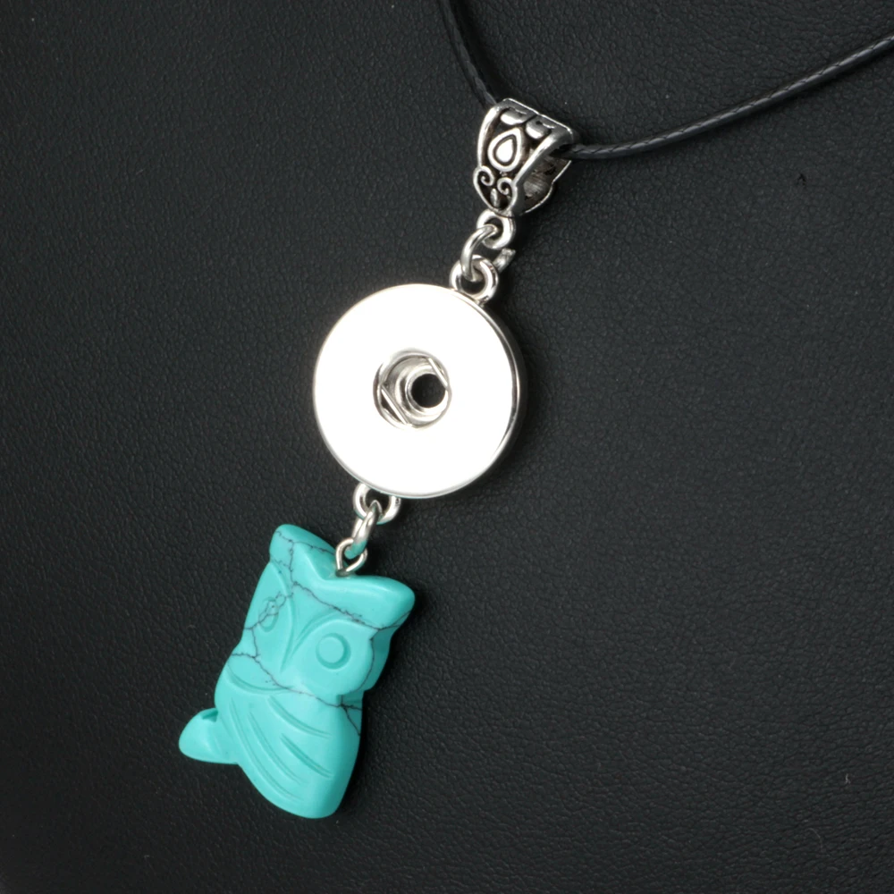 DZ1722a High quality Blue leather Necklace Fit 18mm Snap Button Owl Pendant Snaps Jewelry|snap jewelry pendant|snap button pendantsowl snap necklaces