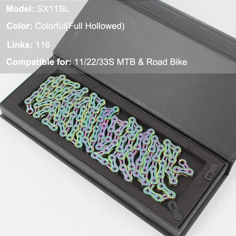 11S SX11SL Color Красочные полые MTB шоссейные велосипедные цепи 116 звенья, велосипедные цепи из нержавеющей стали 6 7 8 9 10 11 12 Скоростей, цепь для горного велосипеда - Цвет: 11S SX11SL Color
