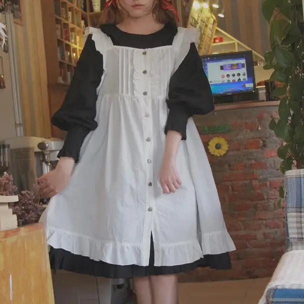 Женское платье в японском стиле однотонное из чистого хлопка с круглым