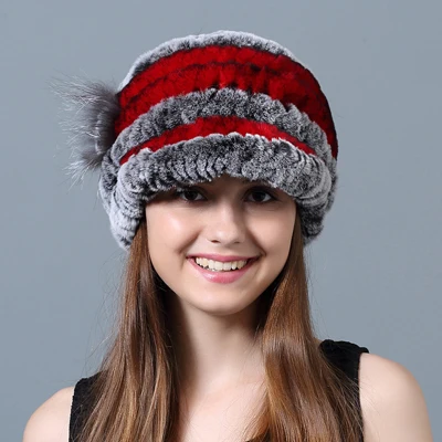 Gray Red Зимние шапки, шапочки, настоящий мех кролика, цветы, в полоску, вязаная шапка из кроличьего меха, шапки, повседневные, натуральный мех, женская шапка для русской зимы - Цвет: Gray Red