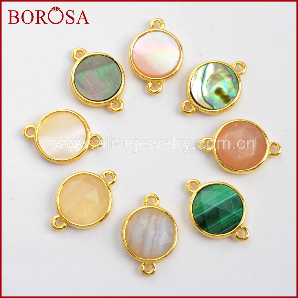 

BOROSA 10PCS Round 12x12mm Natural Multi-kind Faceted Stones Gold Connector for Jewelry Making Shell Moon Stone Jewelry WX985