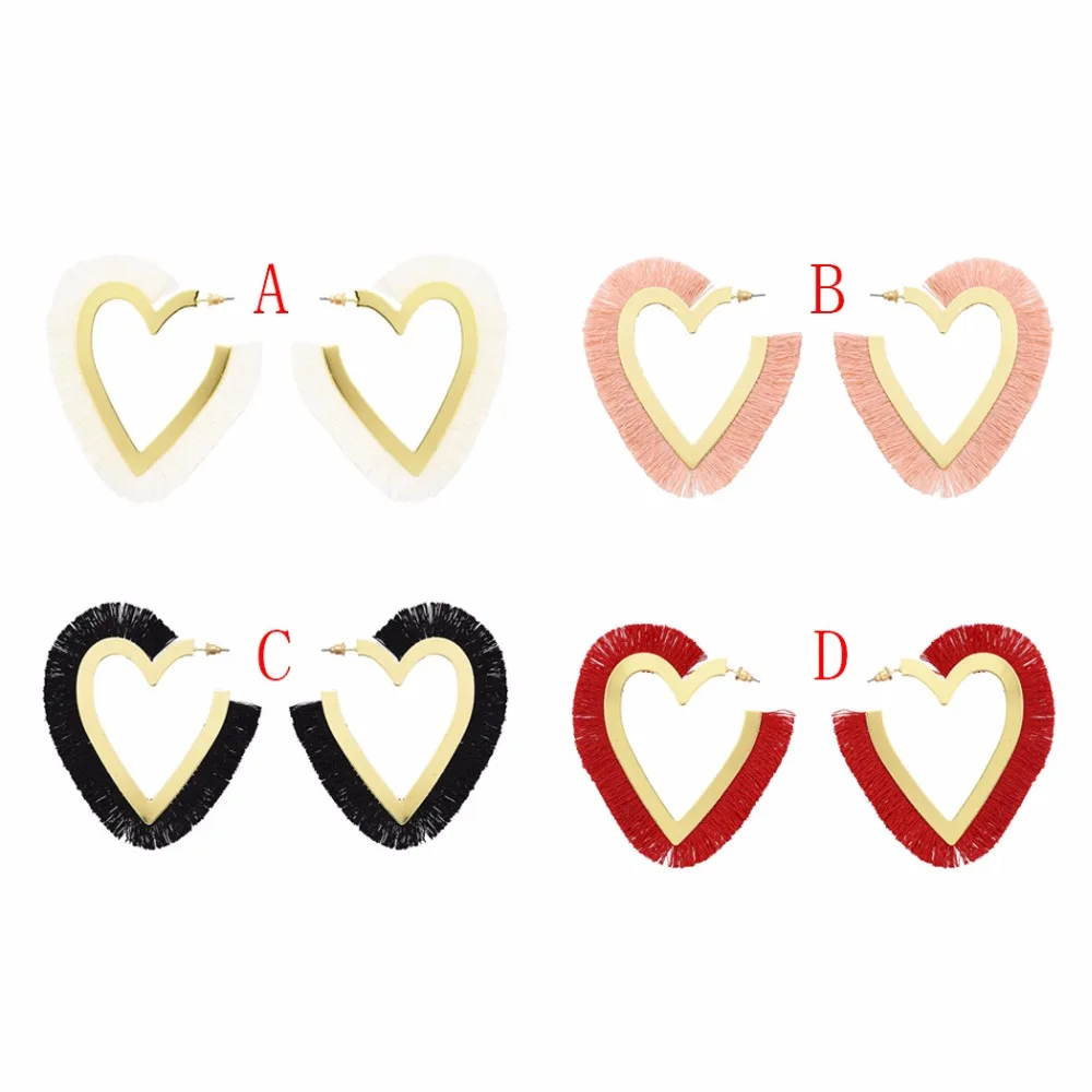 Bohemian Unique Heart Cotton Big Open Hoop Earrings for Women Wedding Party Red White Black Pink Thread Tassel Ears Jewelry | Украшения и