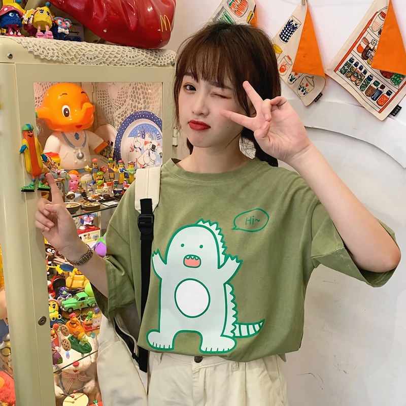 Ins свободная футболка с динозавром из мультфильма женские футболки Харадзюку