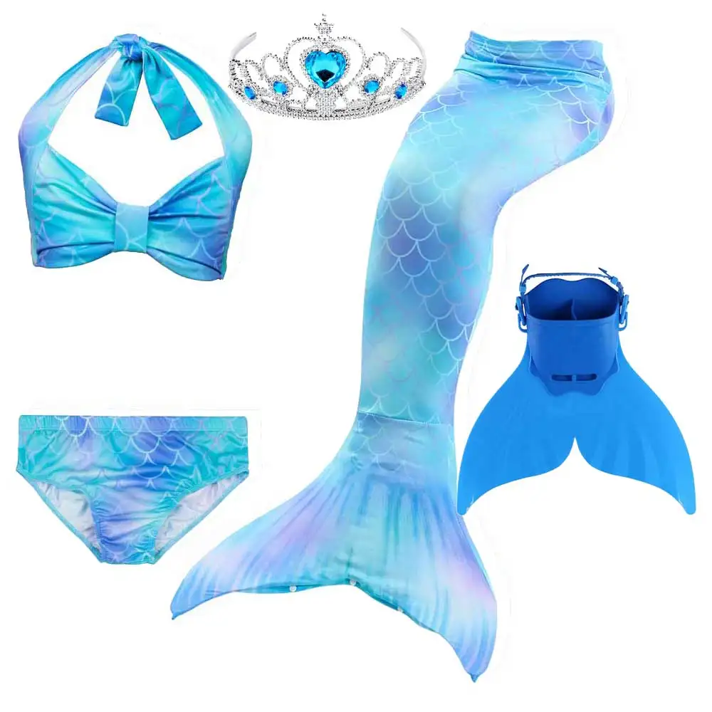 5pcs Mermaid Set 3 Купальный костюм-бикини для девочек с хвостом русалки для плавания; Детский костюм принцессы Ариэль; Блестящие купальники и ласты - Цвет: 5pcs Mermaid Set 3