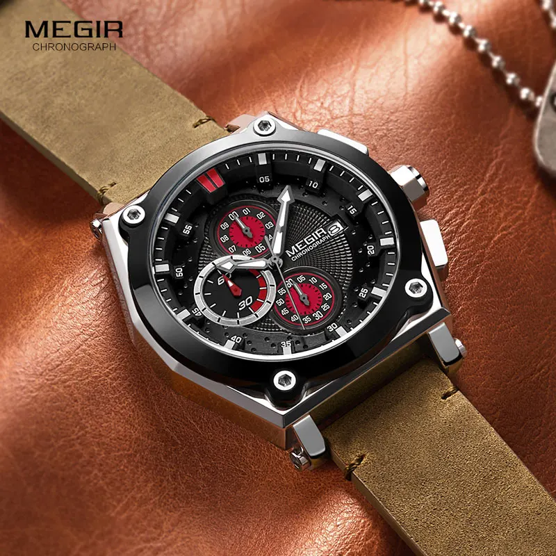 Megir кожаный ремешок мужские спортивные часы хронограф кварцевые 3 АТМ