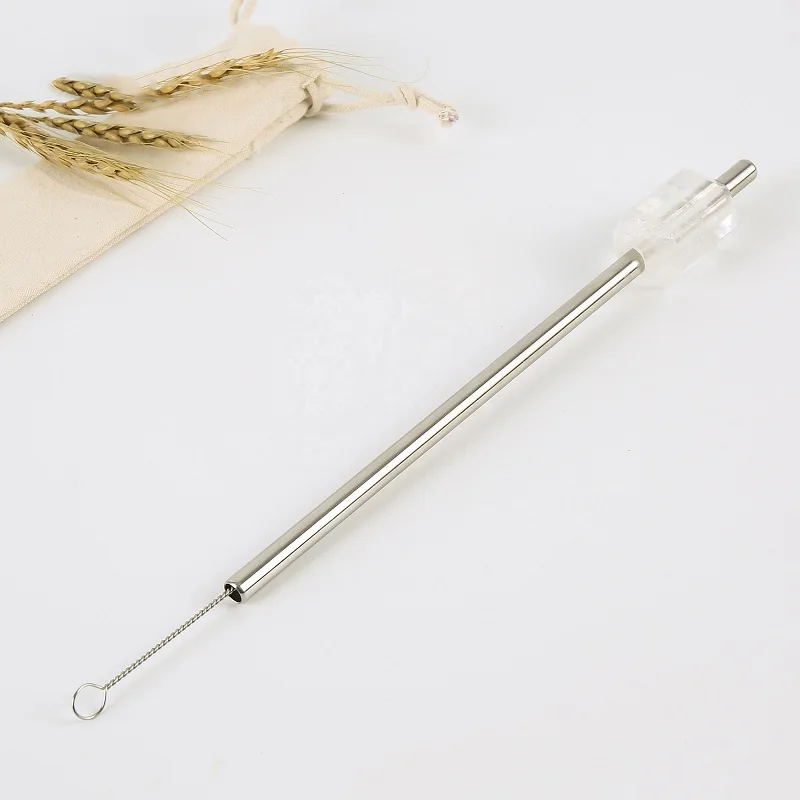 New Eco-friendly Collapsible Amethyst/Rose quartz Clear Crystal drink straw Reusable Stainless Steel Straw With Brush