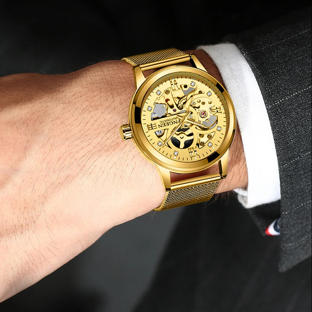 Часы мужские механические со стальным сетчатым браслетом и бриллиантами |