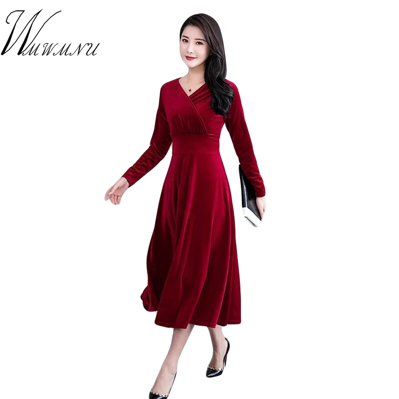 Fashion Women V-Neck Long Sleeve Velvet Dress Hot Sale Solid Colors Loose Straight Slim Waist Ladies Bodycon | Женская одежда