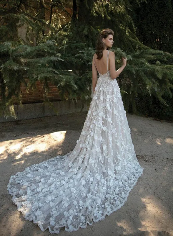 SSYFashion Новое роскошное свадебное платье сексуальное с v-образным вырезом открытая спина пляж развертки Поезд Шампанское Кружева цветок Lllusion длинное вечернее платье свадебное платье