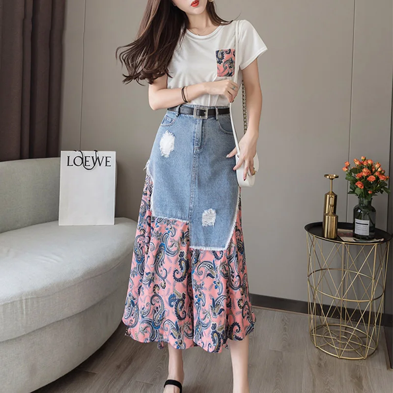 Trytree Summer Women two piece set Casual O-Neck Tops+ Skirt Demin Patchwork Print Hem Belt Pocket Suit Office Lady 2 Piece Set - Цвет: Pink Set