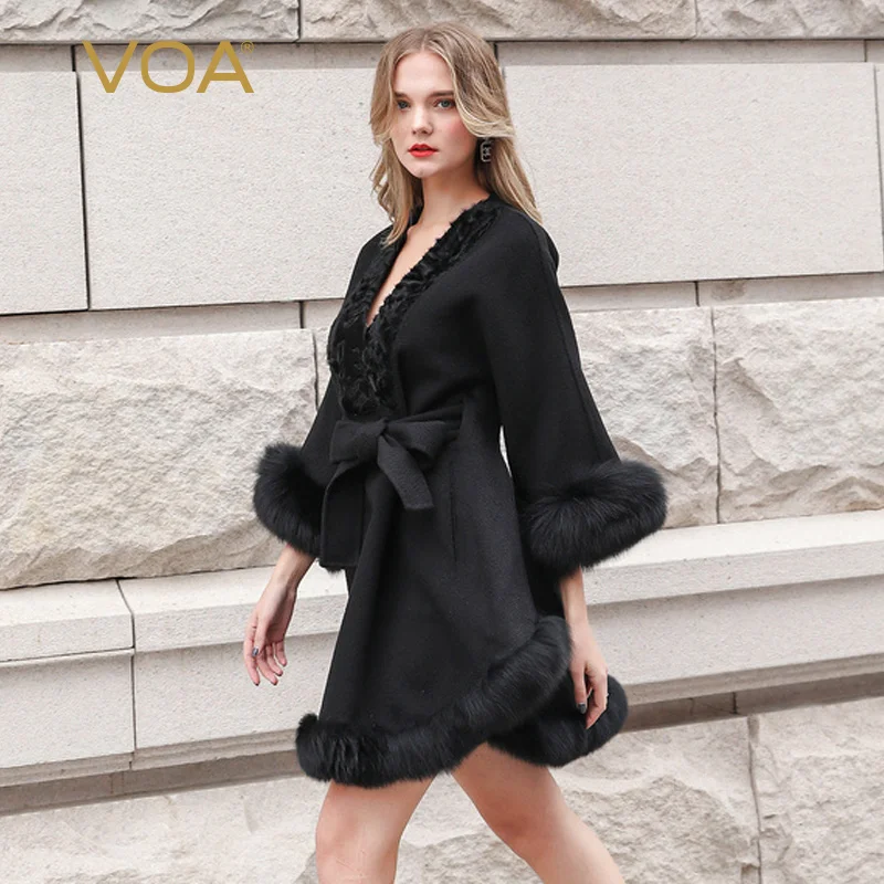 Черное кашемировое пальто VOA женская зимняя верхняя одежда теплое меховое кимоно