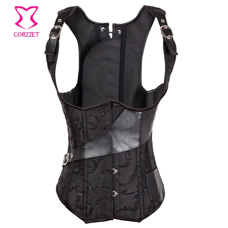 Викторианская готика Корсетная юбка платье Бурлеск Черный парча подгрудный