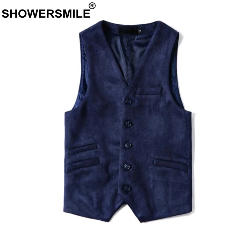 SHOWERSMILE, замшевый мужской жилет, коричневый, темно-синий, мужской костюм, жилет, Осень-зима, теплый жилет, винтажный бренд, мужская куртка без рукавов - Цвет: Navy blue