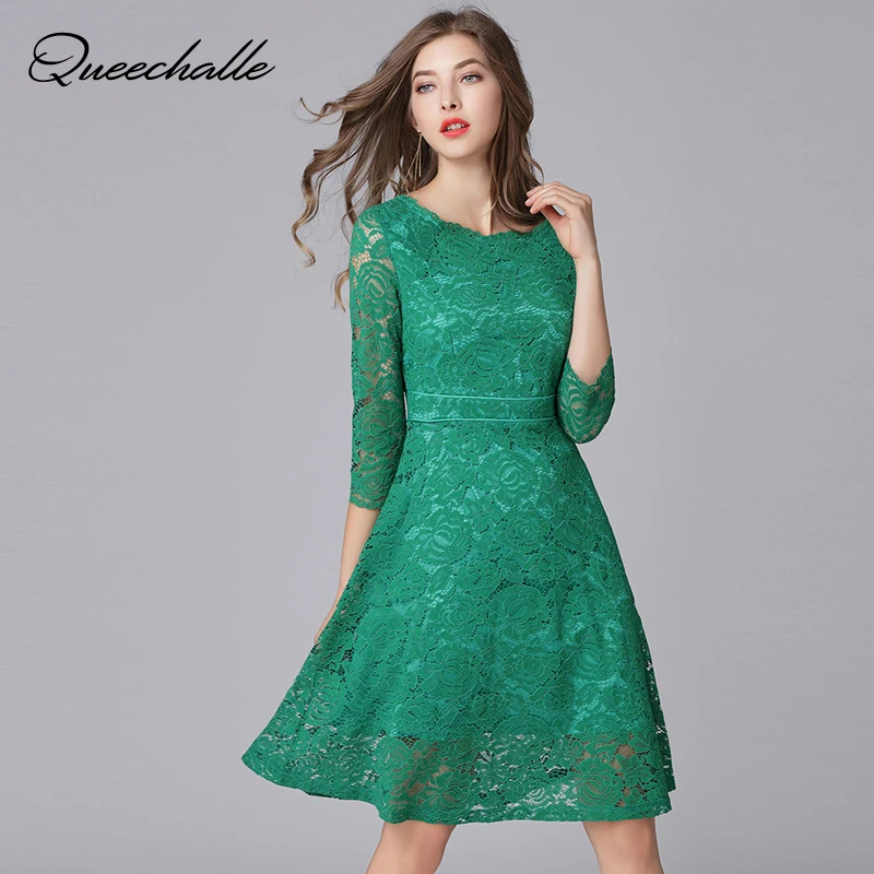 Queechalle Three Quarter Sexy Lace Dress Women Hollow Out Slim Waist One-piece L XL XXL 3XL 4XL 5XL Plus Size Vestidos | Женская одежда