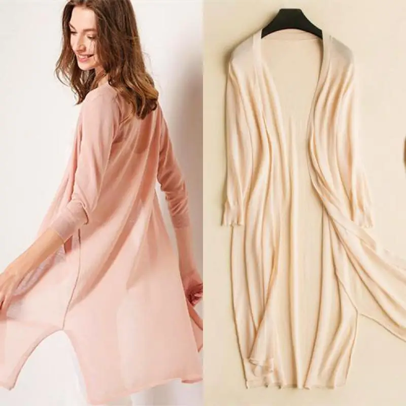 2019 New Summer Women Open Stitch Fashion Solid Hollow Knitted Thin Long Wool Coat Elegant Female Casual Loose Jacket Casacos |