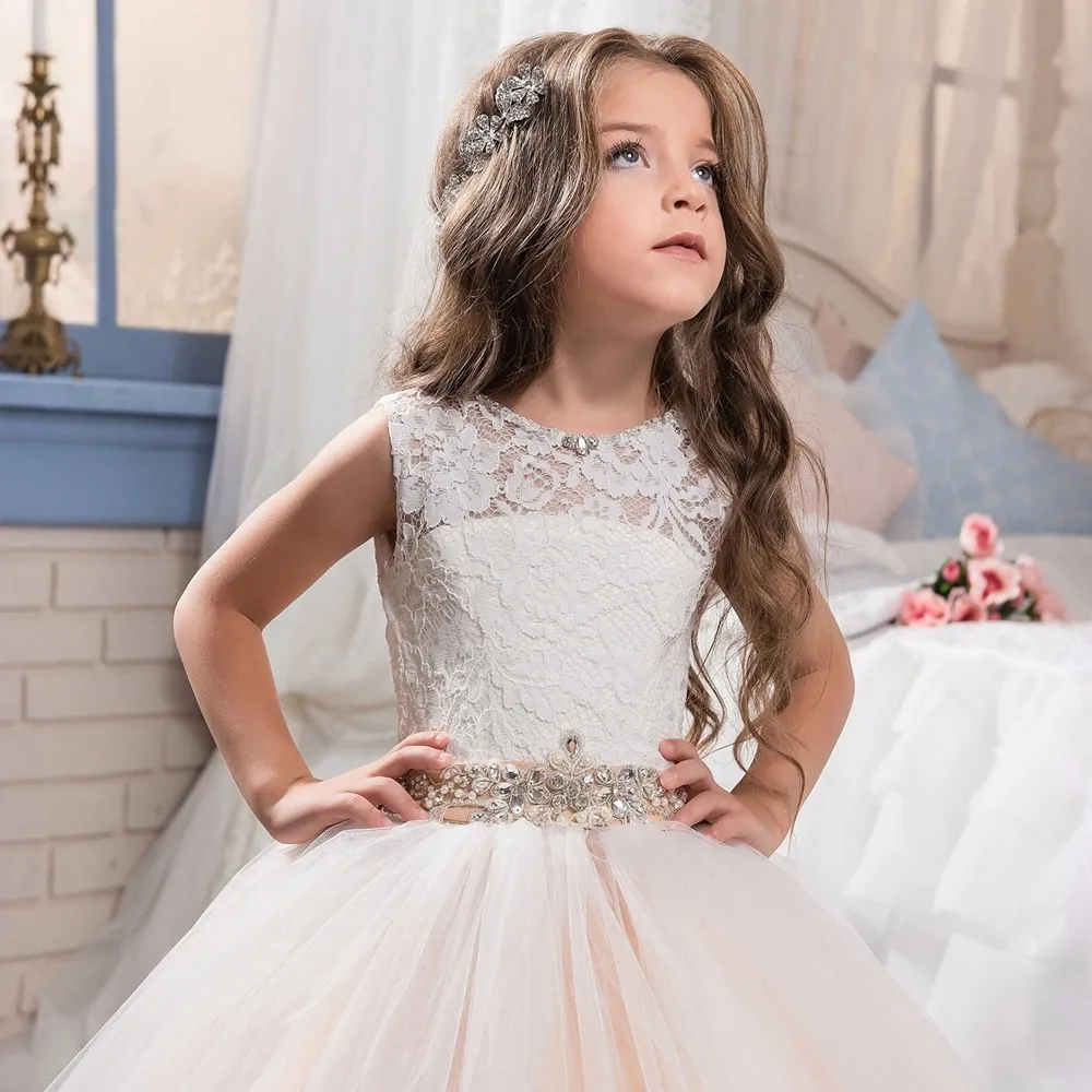 Champagne Pageant Evening Gowns 2018 Crystals Lace Ball Gown Flower Girl Dresses For Weddings First Communion Girls | Детская одежда и