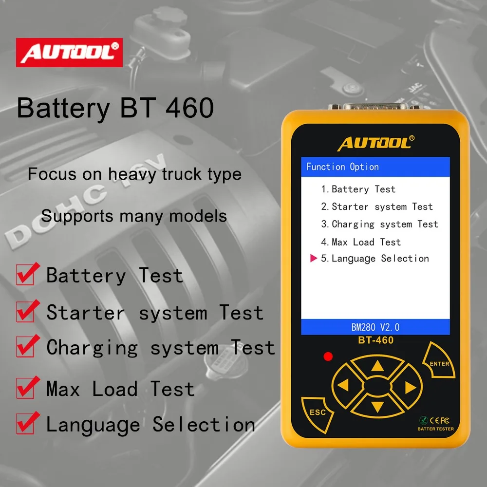 AUTOOL BT460 12V автомобили 24V сверхмощный тестер батареи свинцово-кислотный гелевый Аккумулятор AGM анализатор клеток 4 ''TFT цветной дисплей