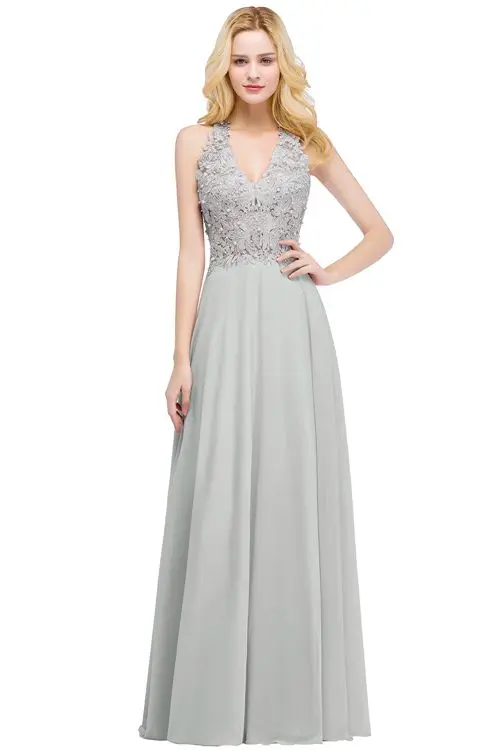 Robe demoiselle d'honneur Sexy V Neck Dusty Pink Lace Bridesmaid Dresses Long A Line Chiffon Pears Formal Prom Party Gowns - Цвет: Серебристый