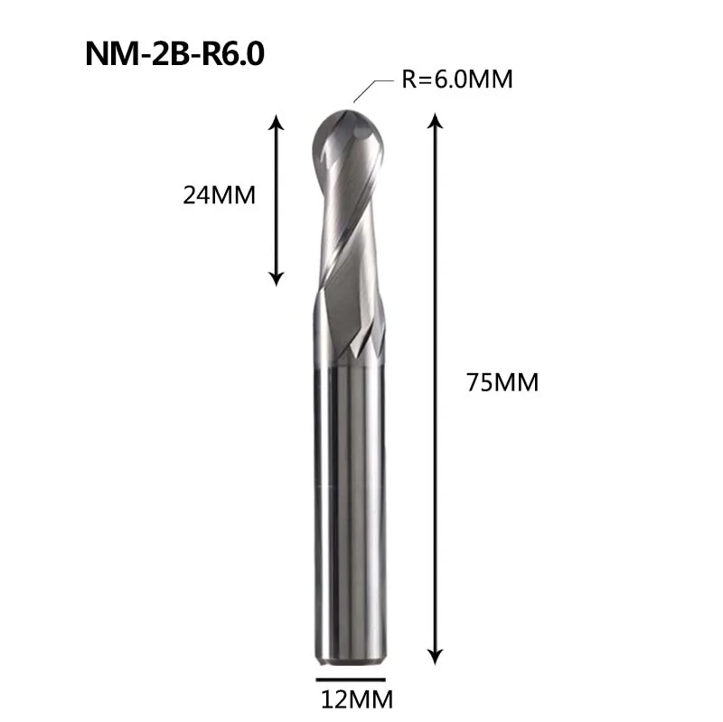 NM-2B-R6.0 NM-2B Вольфрамовая сталь 2 Флейта с шариковым носиком с покрытием Концевая мельница с ЧПУ Фрезерный резак режущие инструменты для обработки меди и алюминиевого сплава - Длина режущей кромки: NM-2B-R6.0
