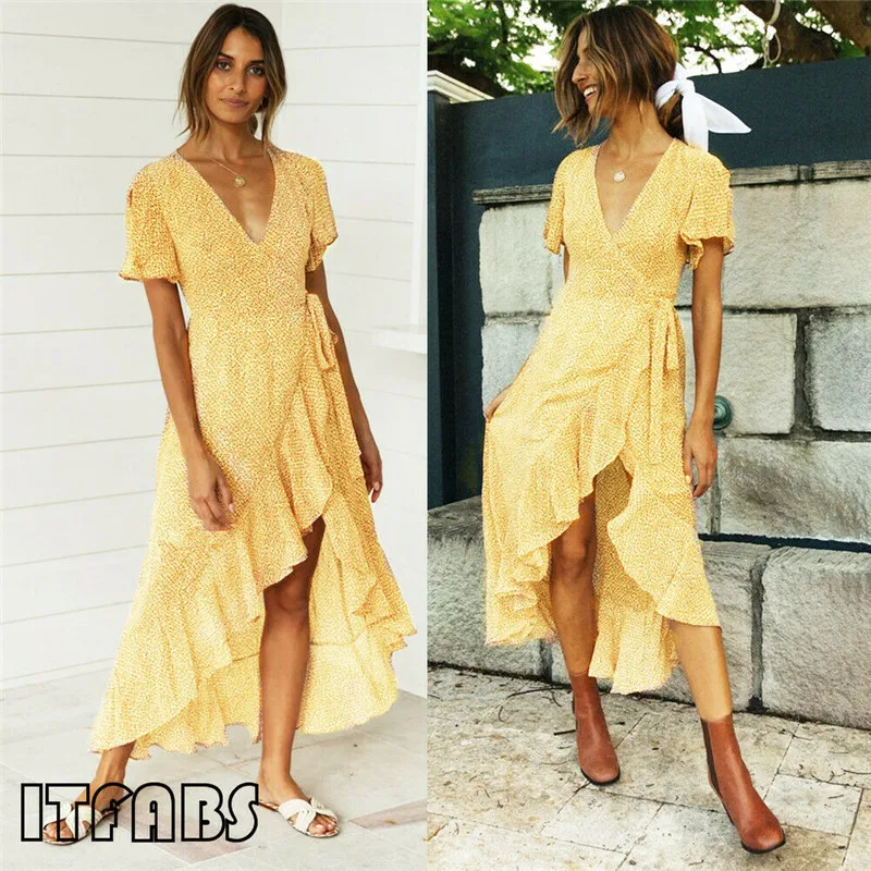 Дамское летнее платье с принтом длинное треугольным вырезом и высокой талией на